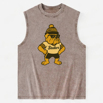 Pittsburgh Bulldog wearing Steelers black and gold beanie with pom pom and - Vintage Washed Tank - Brown