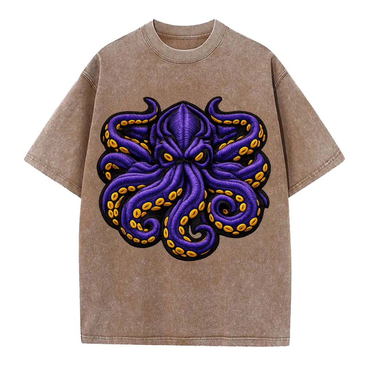 KRAKEN TENTACLES - sea monster in purple and black , deep sea - Vintage T-shirt - Brown
