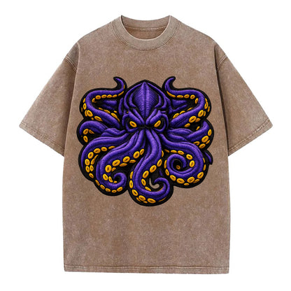 KRAKEN TENTACLES - sea monster in purple and black , deep sea - Vintage T-shirt - Brown