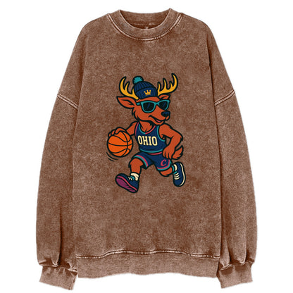 Ohio Deer wearing Cavs beanie with crown patch and wayfarer sunglasses - Vintage Sweatshirt - Brown