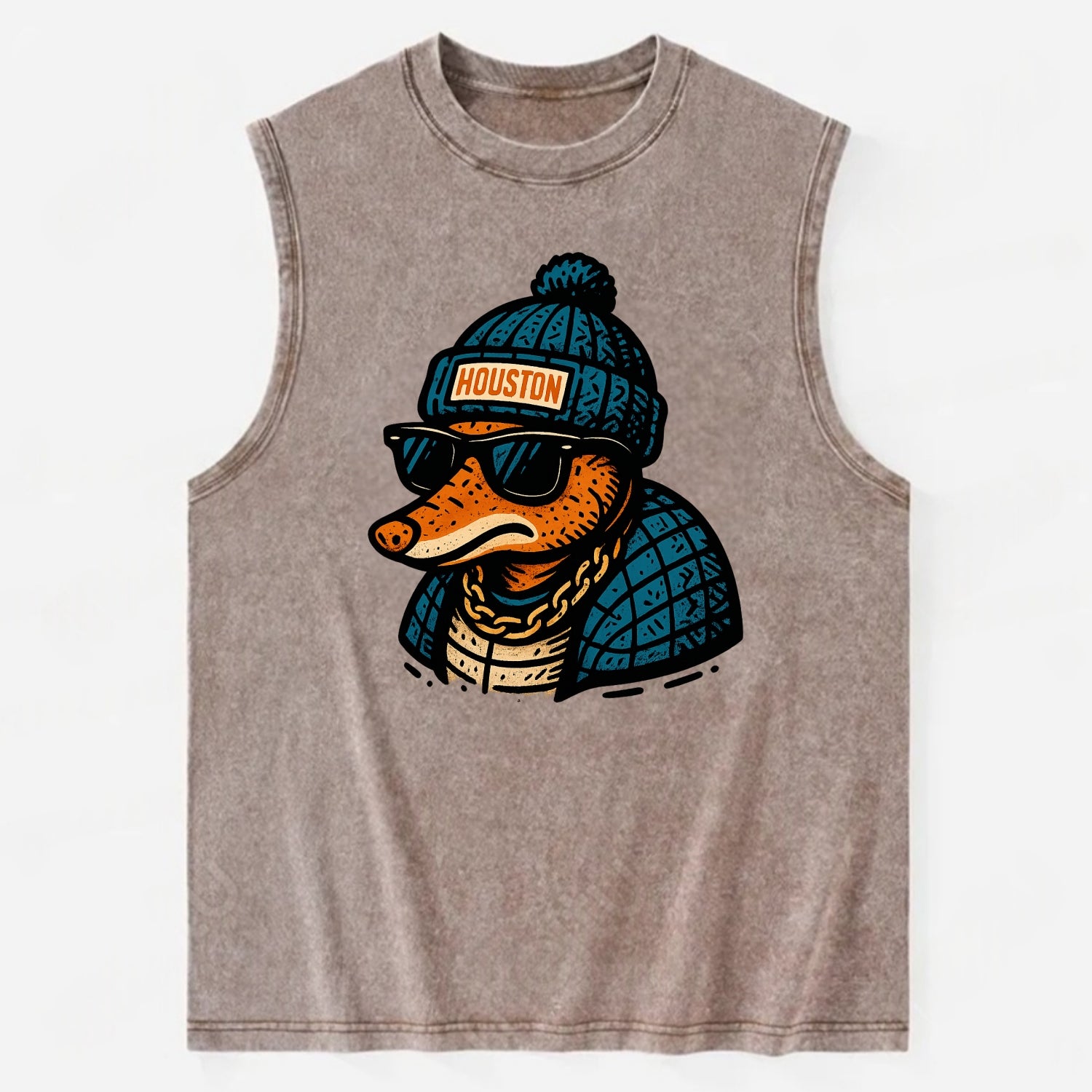 Houston Armadillo wearing Houston beanie with pom pom and wayfarer sunglasses - Vintage Washed Tank - Brown
