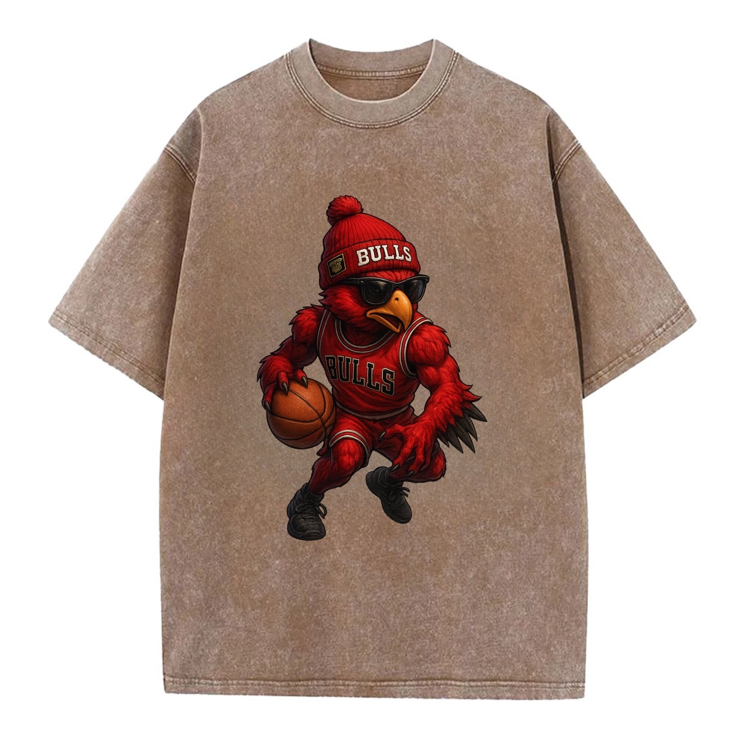 Windy City Hawk wearing Bulls beanie with six rings patch and wayfarer sunglasses - Vintage T-shirt - Brown