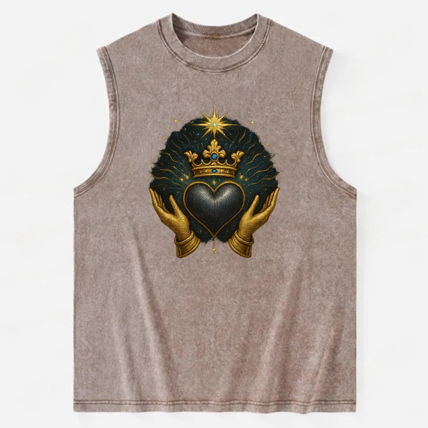 Pearl-studded tiara atop a satin-gunmetal heart supported by elegant - Vintage Washed Tank - Brown