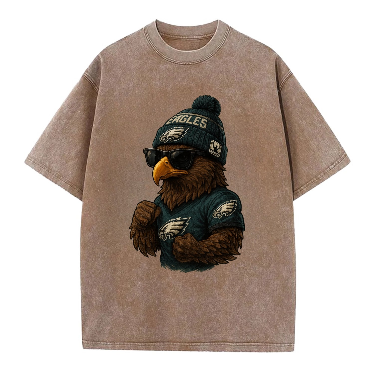 Philly Hawk wearing Eagles beanie with Rocky patch and wayfarer sunglasses - Vintage T-shirt - Brown