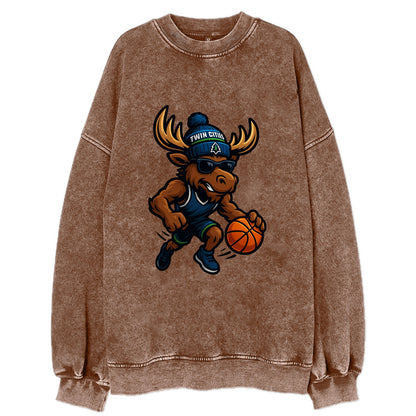 Twin Cities Moose wearing Timberwolves beanie with pine tree patch and - Vintage Sweatshirt - Brown