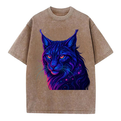 Stealthy lynx with ear tufts forming constellation patterns, nebula spots across - Vintage T-shirt - Brown