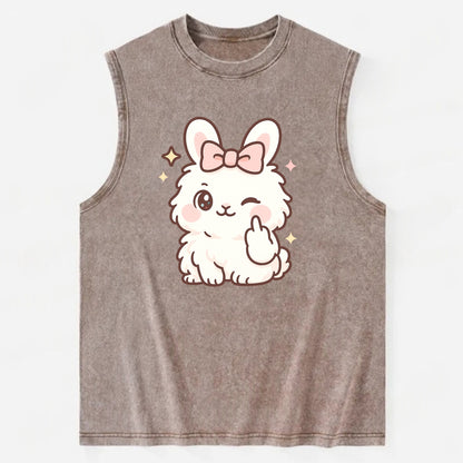 fluffy white angora rabbit with pink bow, one paw delicately flipping off - Vintage Washed Tank - Brown