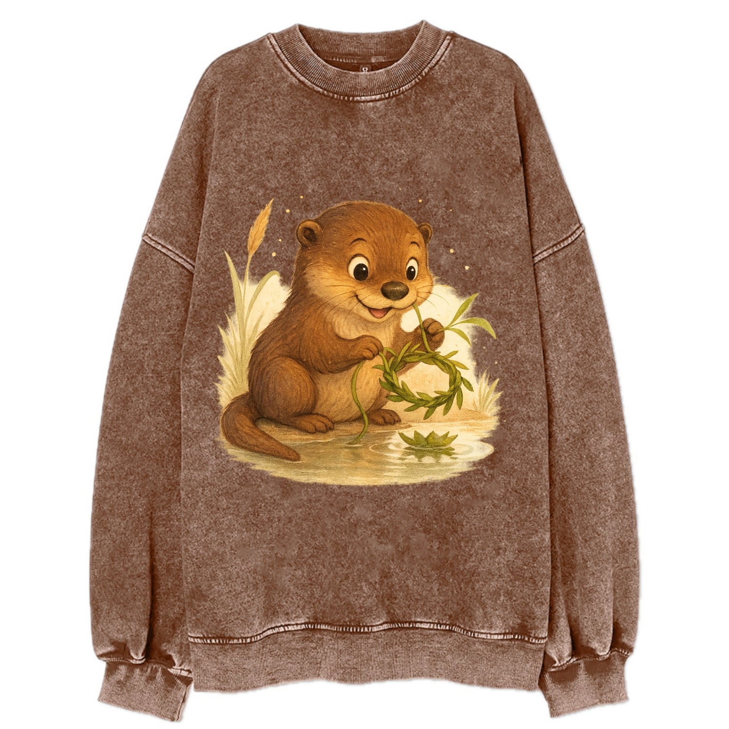 Otter weaving river reeds into a floating crown beside mirror-still water - Vintage Sweatshirt - Brown