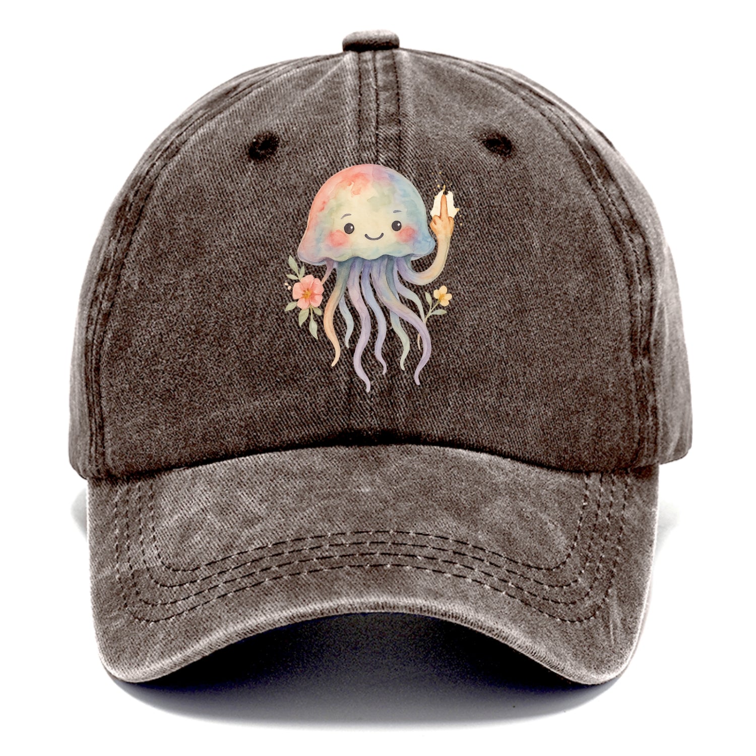 jellyfish with kawaii face and tentacles, one tentacle pointing up defiantly - Classic Cap - Brown