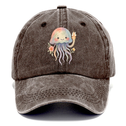 jellyfish with kawaii face and tentacles, one tentacle pointing up defiantly - Classic Cap - Brown
