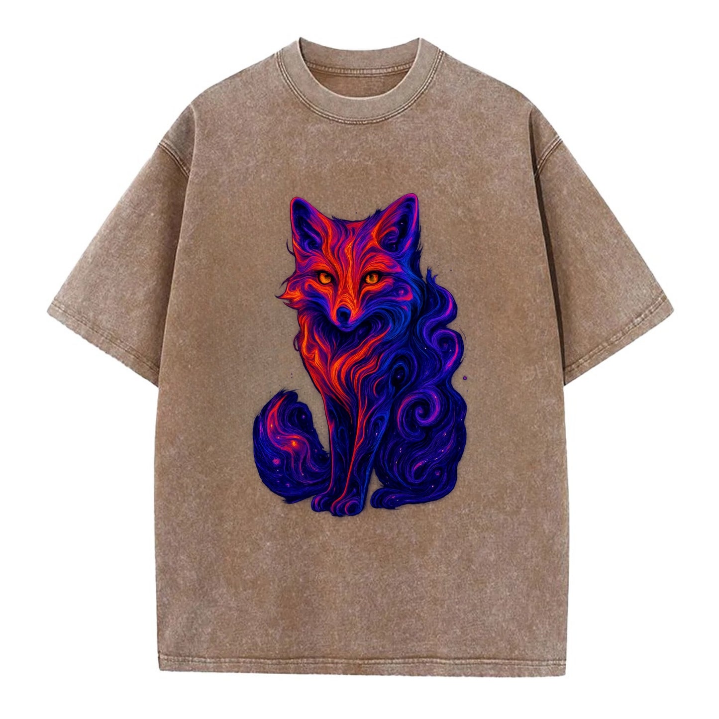 Clever fox with tail dissolving into cosmic nebula swirls, orange to purple - Vintage T-shirt - Brown