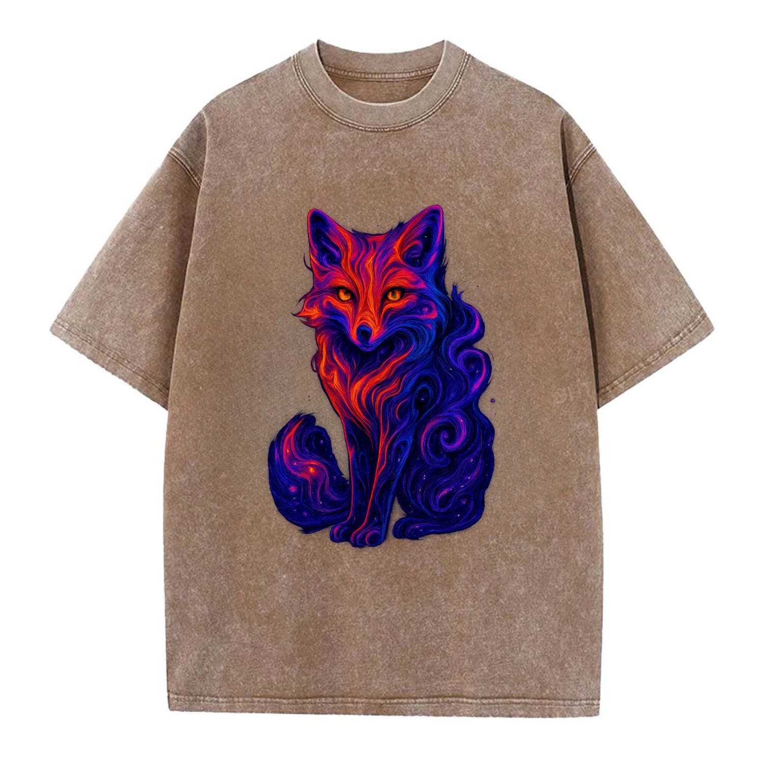 Clever fox with tail dissolving into cosmic nebula swirls, orange to purple - Vintage T-shirt - Brown