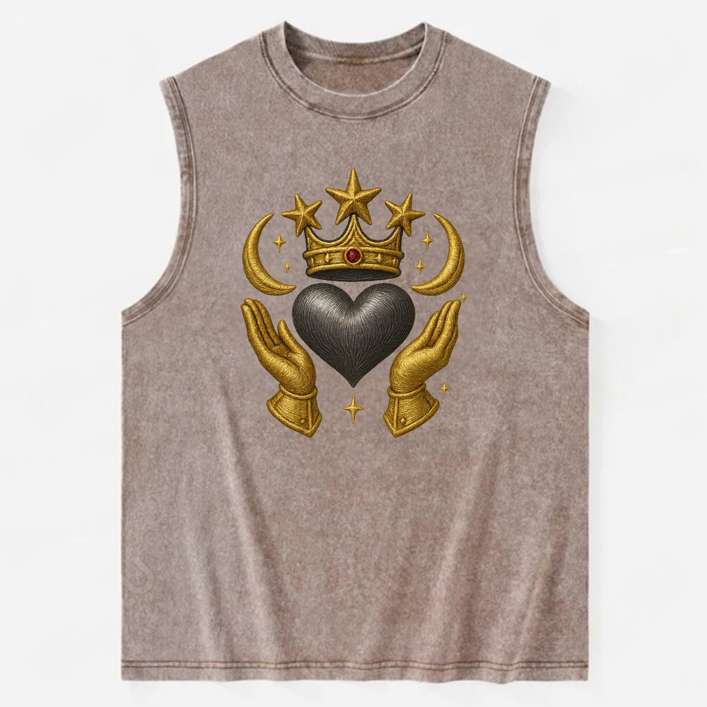 Sun goddess crown radiating golden rays over a midnight heart with - Vintage Washed Tank - Brown