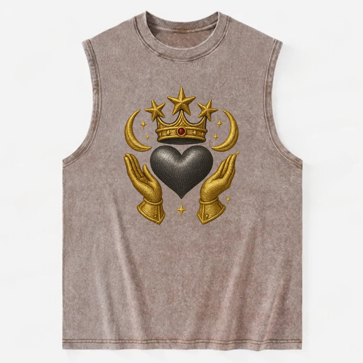 Sun goddess crown radiating golden rays over a midnight heart with - Vintage Washed Tank - Brown