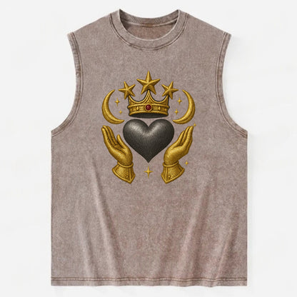 Sun goddess crown radiating golden rays over a midnight heart with - Vintage Washed Tank - Brown
