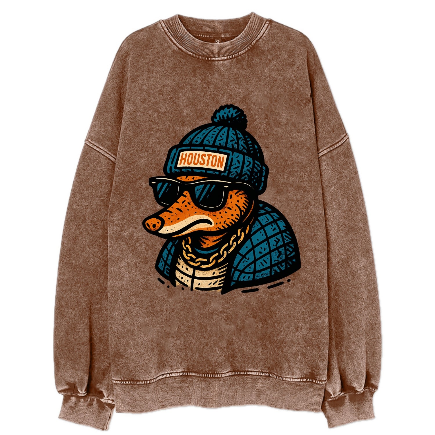 Houston Armadillo wearing Houston beanie with pom pom and wayfarer sunglasses - Vintage Sweatshirt - Brown