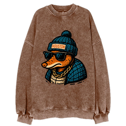Houston Armadillo wearing Houston beanie with pom pom and wayfarer sunglasses - Vintage Sweatshirt - Brown