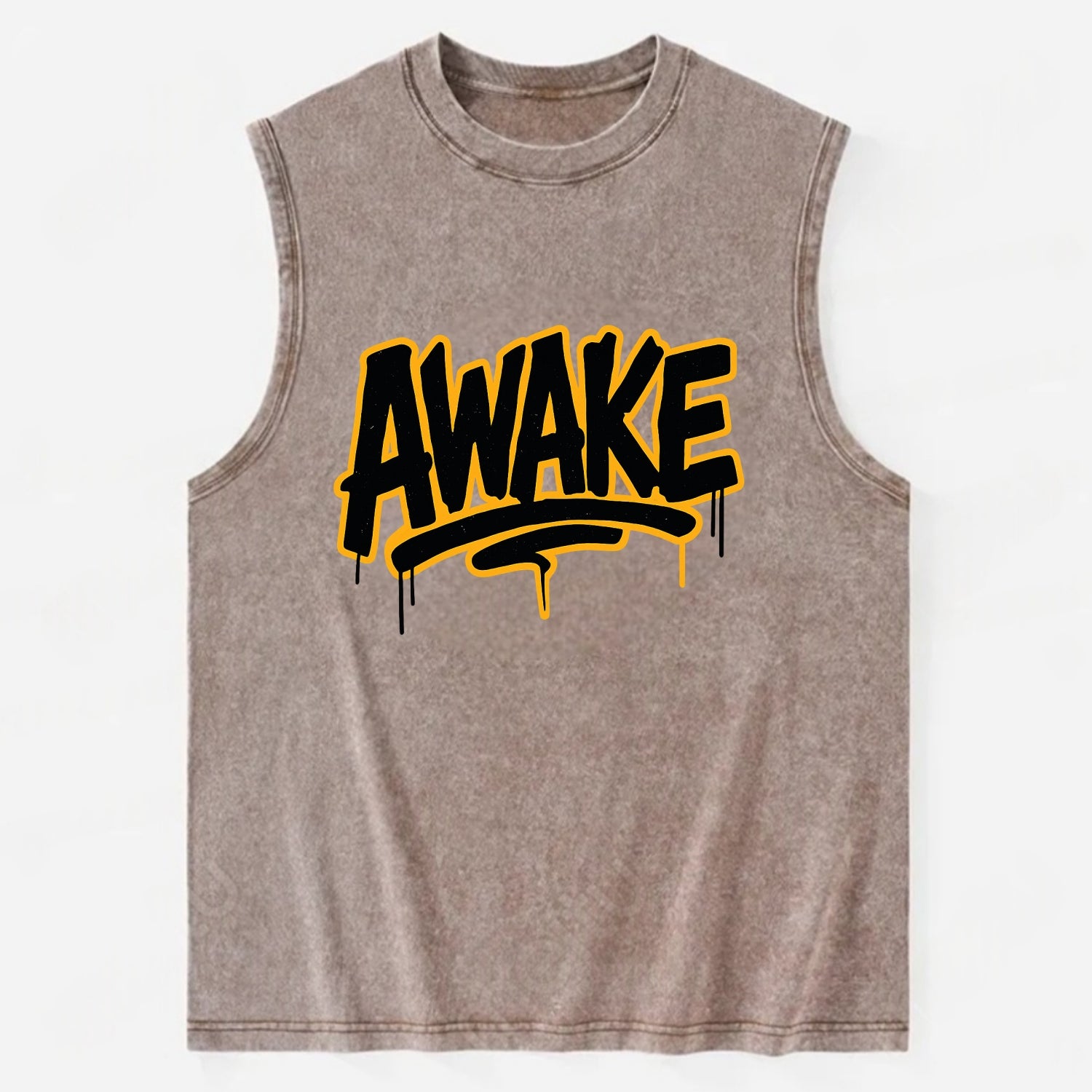 Bold typography design - "AWAKE" - conscious, aware, alert - Vintage Washed Tank - Brown