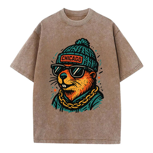 Illinois Prairie Dog wearing Chicago beanie with pom pom and wayfarer sunglasses - Vintage T-shirt