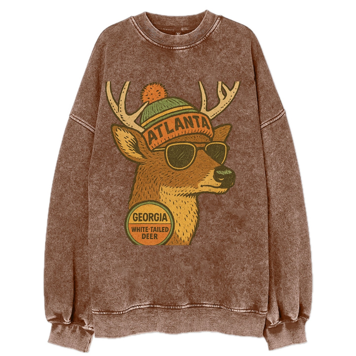 Georgia White-tailed Deer wearing Atlanta beanie with pom pom and wayfarer - Vintage Sweatshirt - Brown