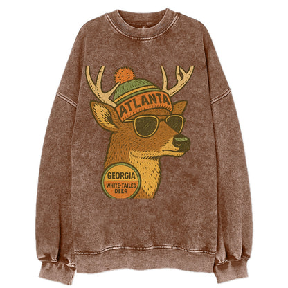 Georgia White-tailed Deer wearing Atlanta beanie with pom pom and wayfarer - Vintage Sweatshirt - Brown
