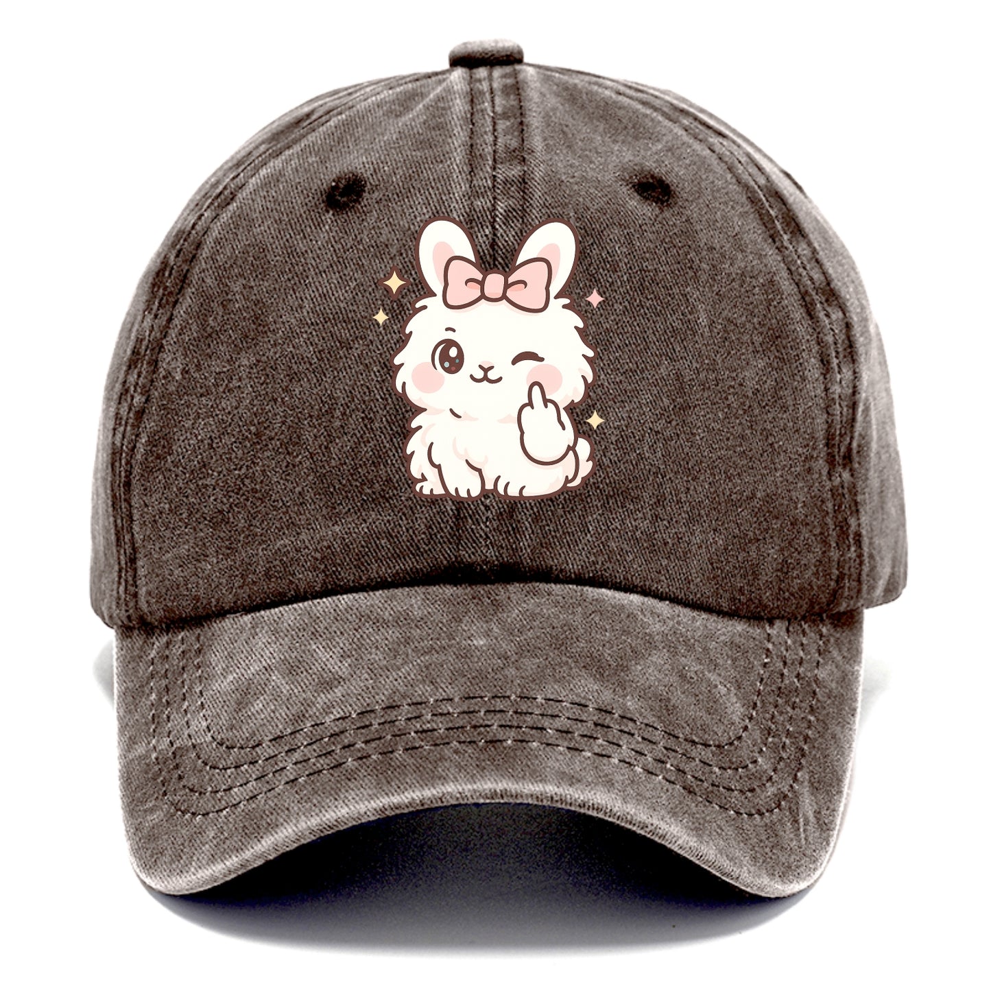 fluffy white angora rabbit with pink bow, one paw delicately flipping off - Classic Cap - Brown