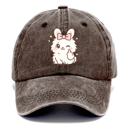 fluffy white angora rabbit with pink bow, one paw delicately flipping off - Classic Cap - Brown