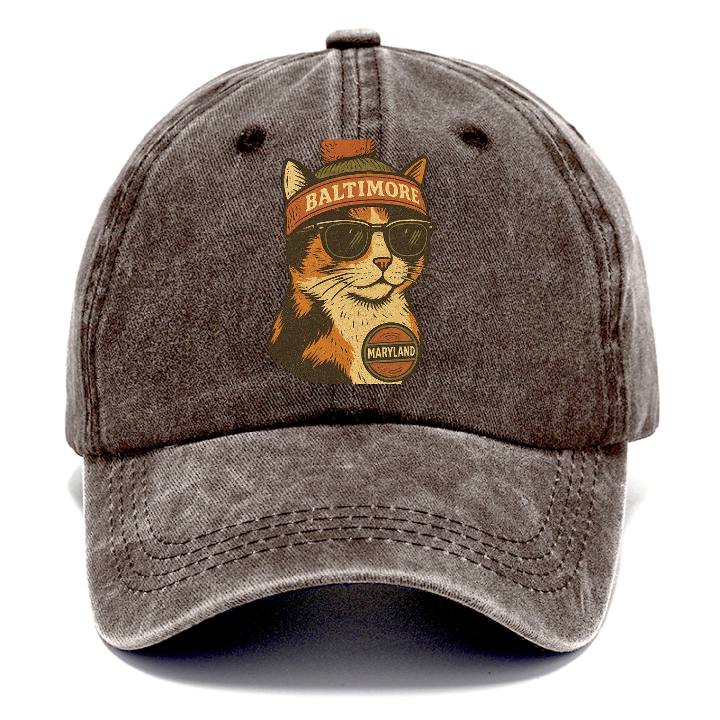 Maryland Calico Cat wearing Baltimore beanie with pom pom and wayfarer sunglasses - Classic Cap - Brown