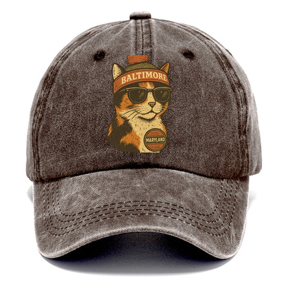 Maryland Calico Cat wearing Baltimore beanie with pom pom and wayfarer sunglasses - Classic Cap - Brown