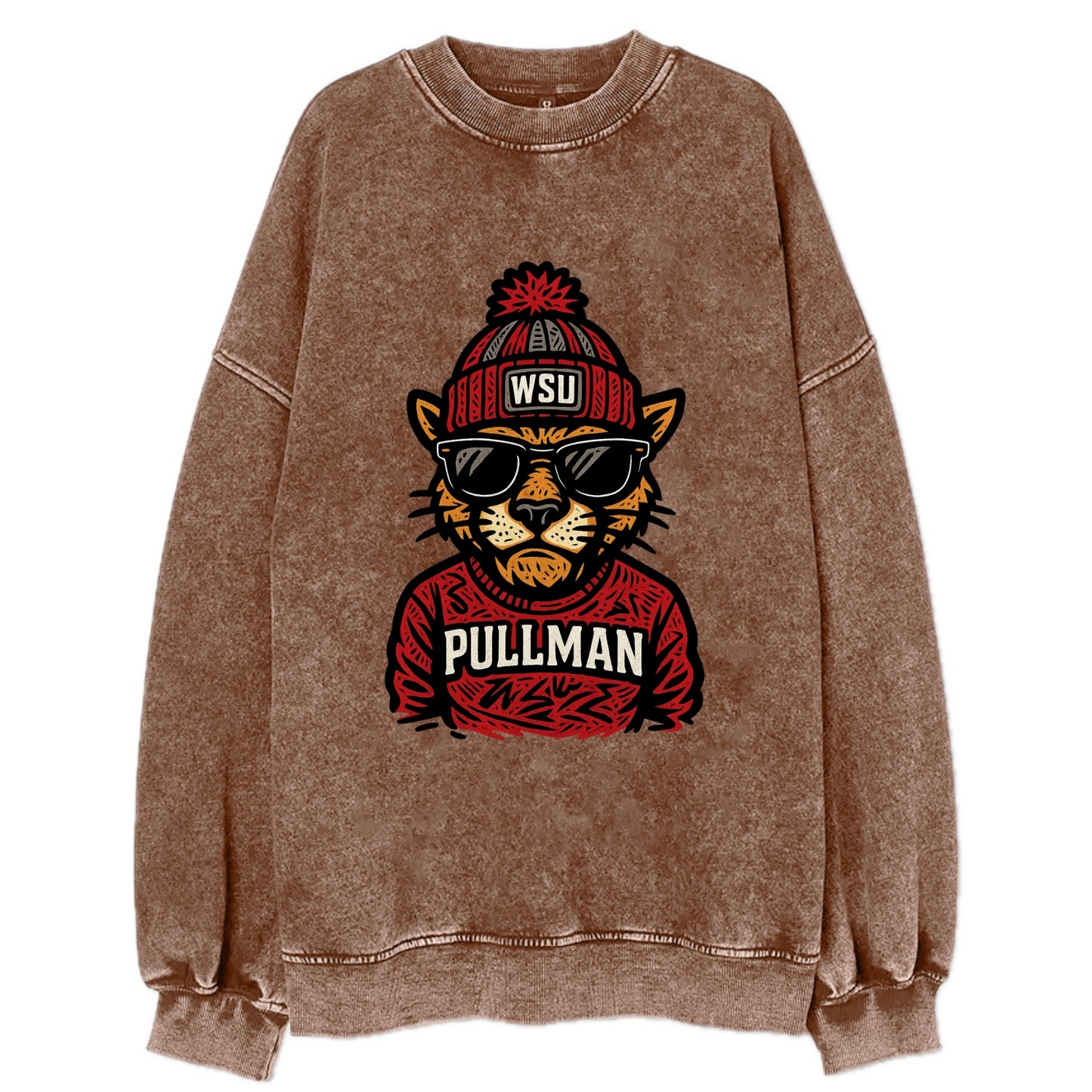 Pullman Cougar wearing Washington State beanie with WSU patch - Vintage Sweatshirt - Brown