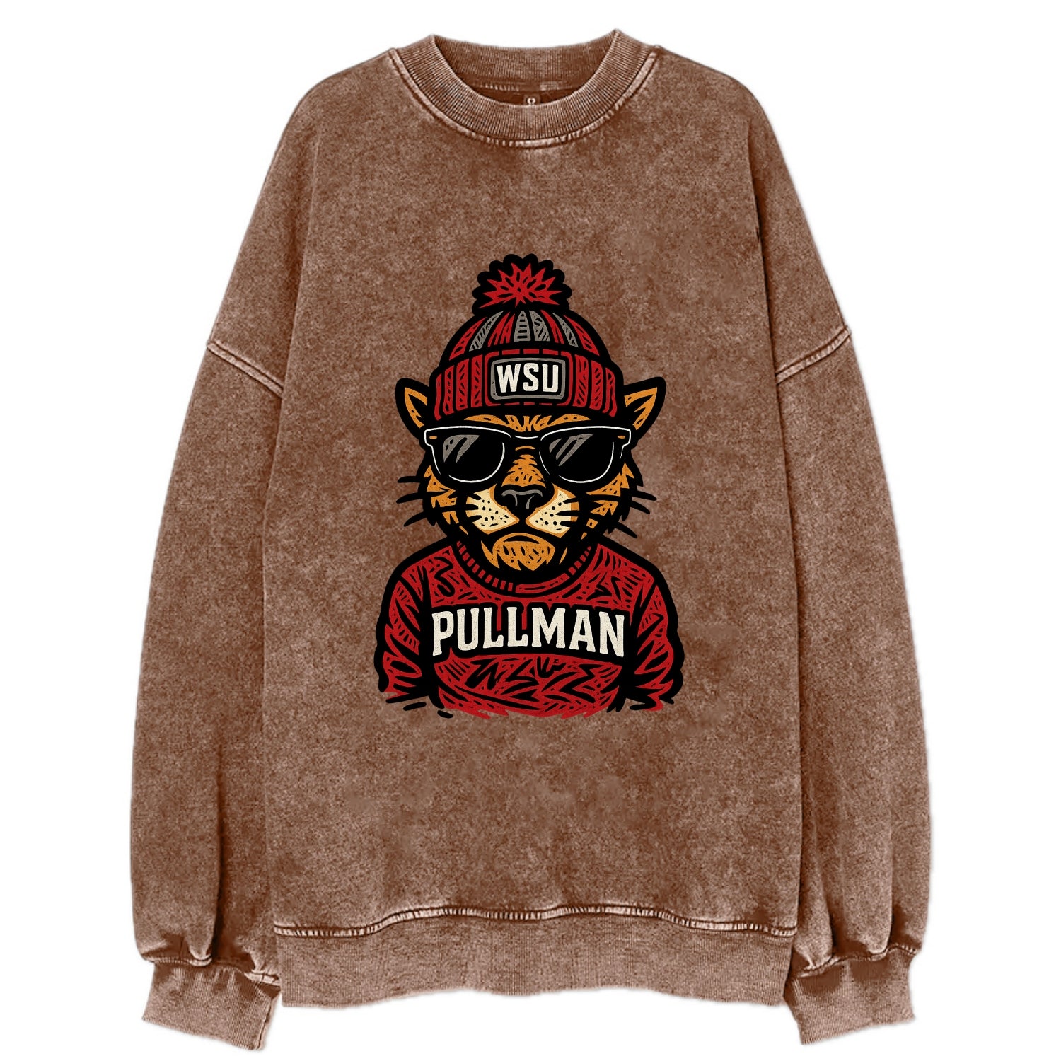 Pullman Cougar wearing Washington State beanie with WSU patch - Vintage Sweatshirt - Brown