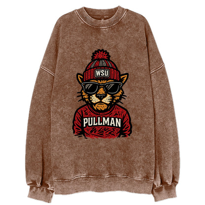 Pullman Cougar wearing Washington State beanie with WSU patch - Vintage Sweatshirt - Brown