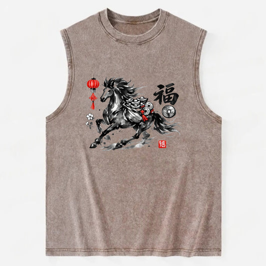 PROSPERITY HORSE | Horse carrying gold ingots and coins | Chinese knot - Vintage Washed Tank - Brown