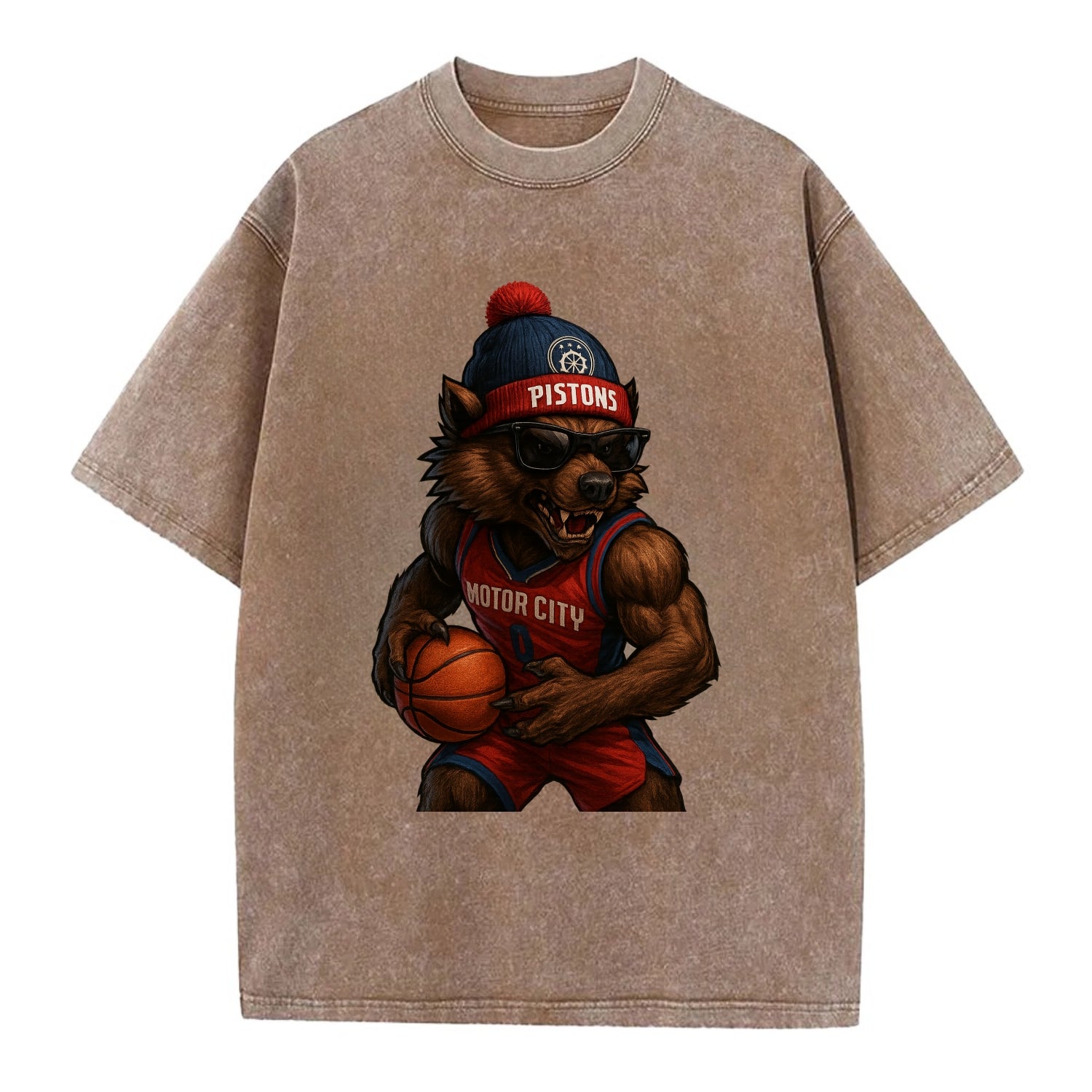 Motor City Wolverine wearing Pistons beanie with gear patch and wayfarer - Vintage T-shirt - Brown