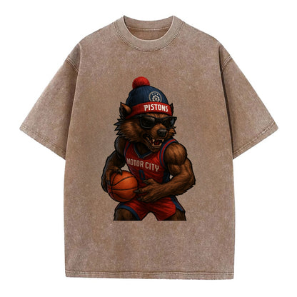 Motor City Wolverine wearing Pistons beanie with gear patch and wayfarer - Vintage T-shirt - Brown