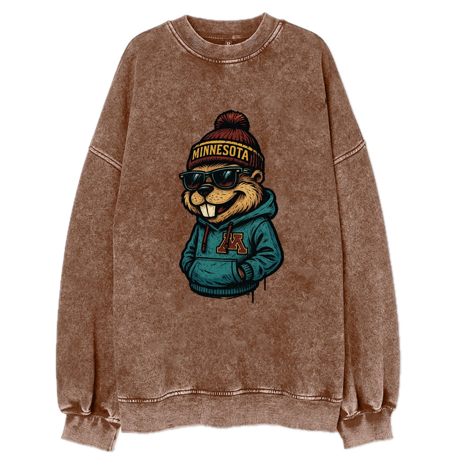 Minneapolis Gopher wearing Minnesota beanie with M patch - Vintage Sweatshirt - Brown
