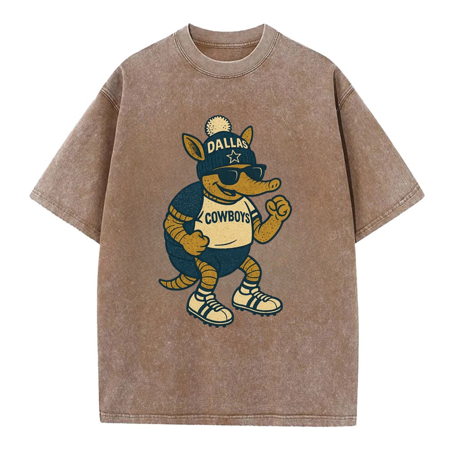 Dallas Armadillo wearing Cowboys beanie with lone star patch and wayfarer - Vintage T-shirt - Brown