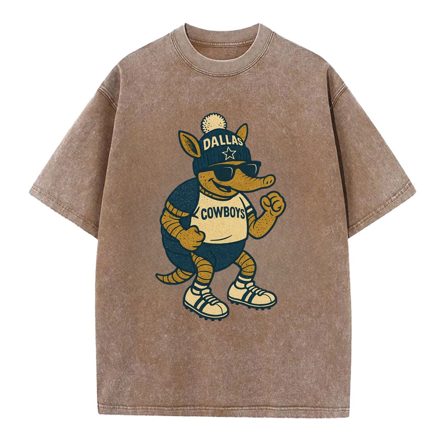 Dallas Armadillo wearing Cowboys beanie with lone star patch and wayfarer - Vintage T-shirt - Brown