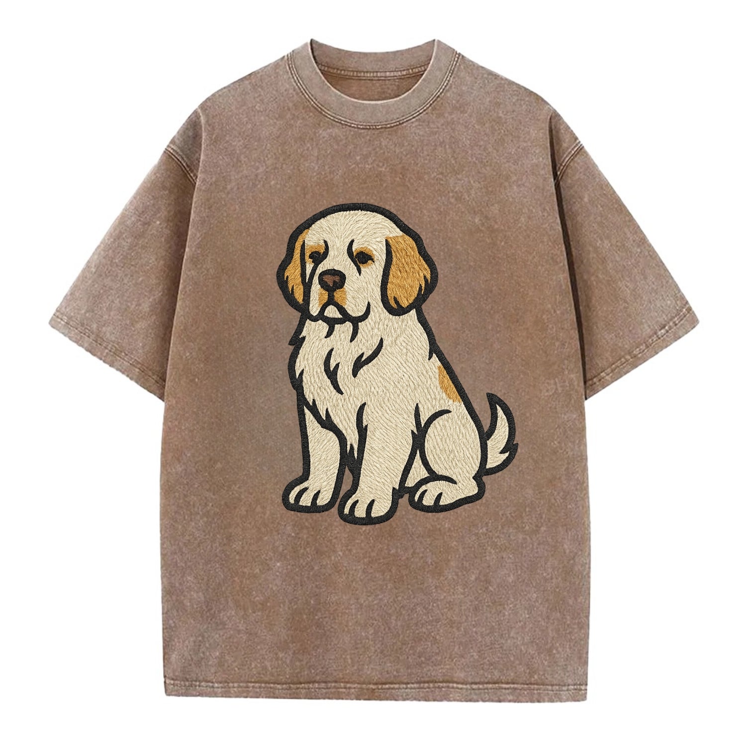 Clumber Spaniel - White with lemon markings embroidered pose - Vintage T-shirt - Brown