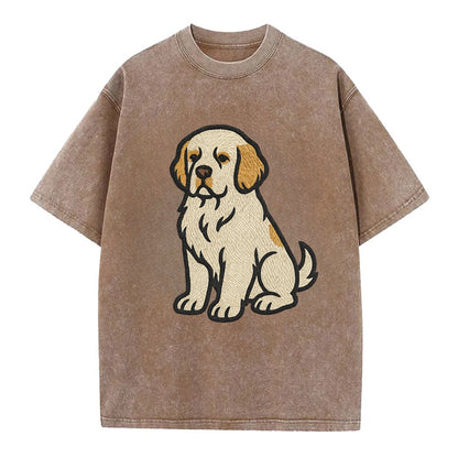 Clumber Spaniel - White with lemon markings embroidered pose - Vintage T-shirt - Brown