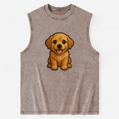 Baby Golden Retriever Puppy - fluffy golden fur, big brown eyes, pink tongue, - Vintage Washed Tank - Brown