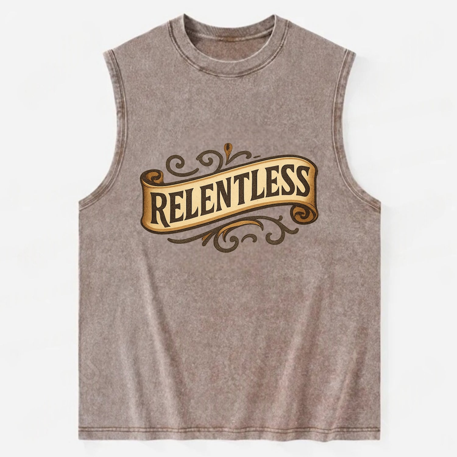 Bold typography design - "RELENTLESS" - never giving up, persistent pursuit - Vintage Washed Tank - Brown