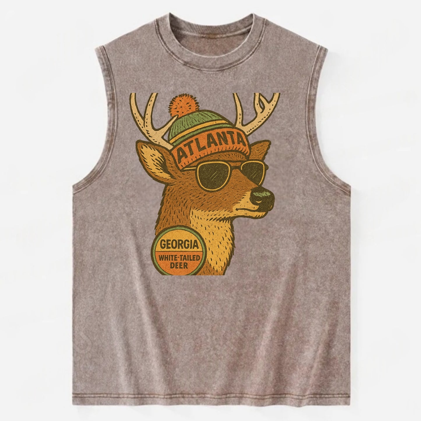 Georgia White-tailed Deer wearing Atlanta beanie with pom pom and wayfarer - Vintage Washed Tank - Brown