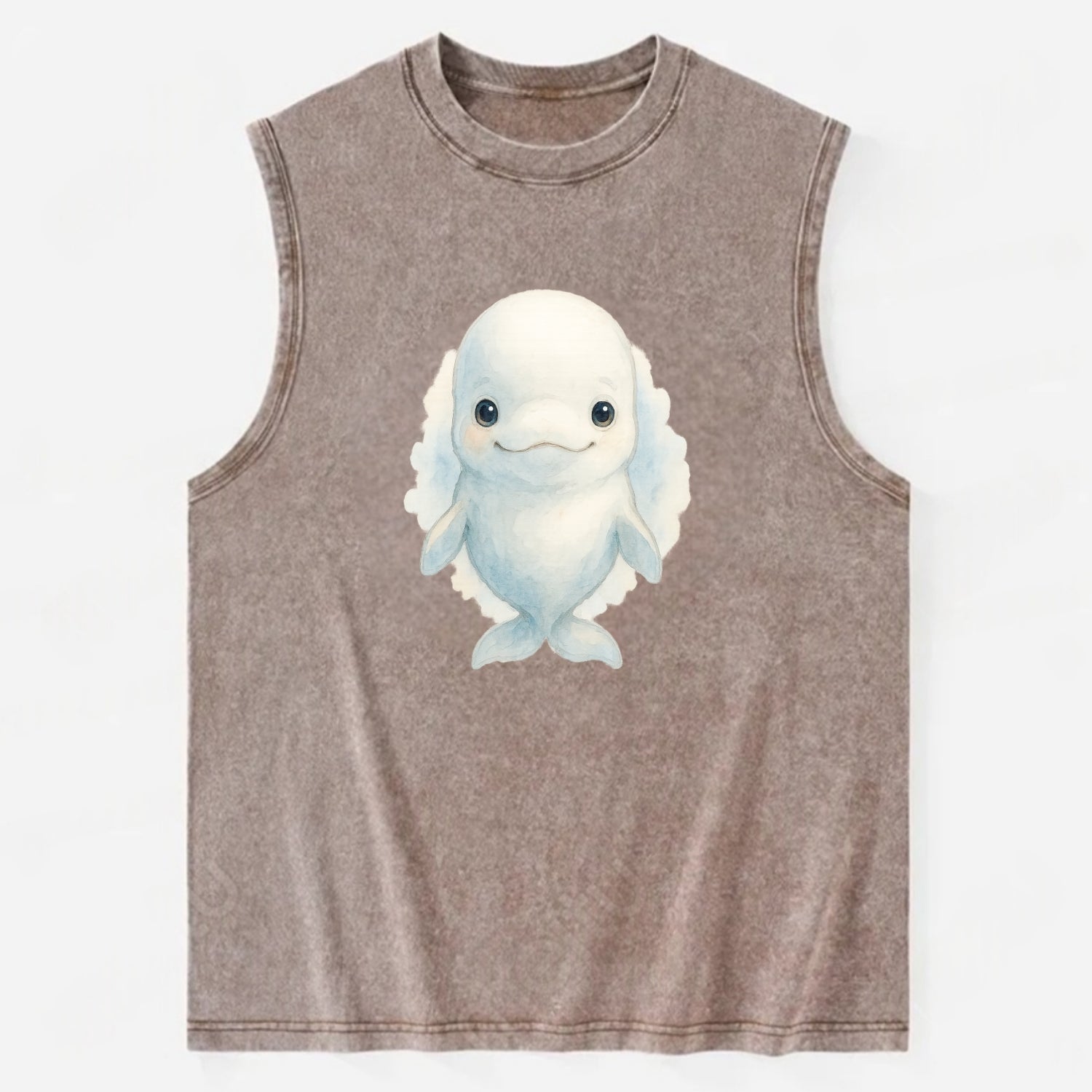Baby Beluga Whale - pure white, rounded forehead, small eyes with big - Vintage Washed Tank - Brown