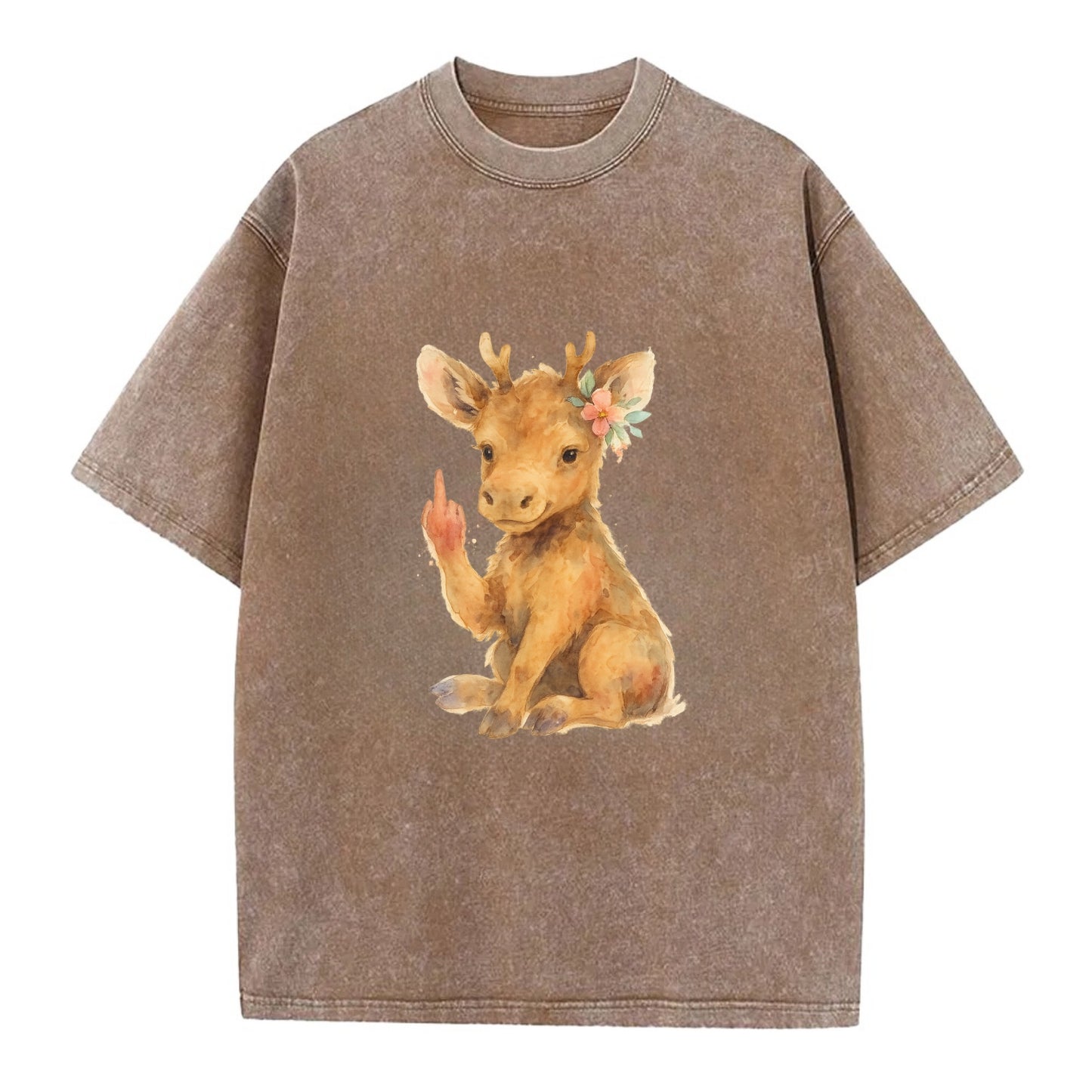 baby moose with adorable tiny antlers, one hoof raised in attitude - Vintage T-shirt - Brown