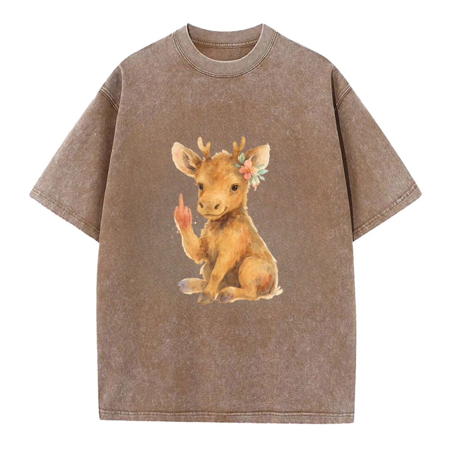 baby moose with adorable tiny antlers, one hoof raised in attitude - Vintage T-shirt - Brown