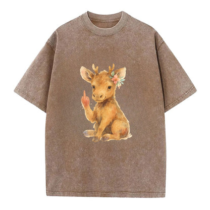 baby moose with adorable tiny antlers, one hoof raised in attitude - Vintage T-shirt - Brown