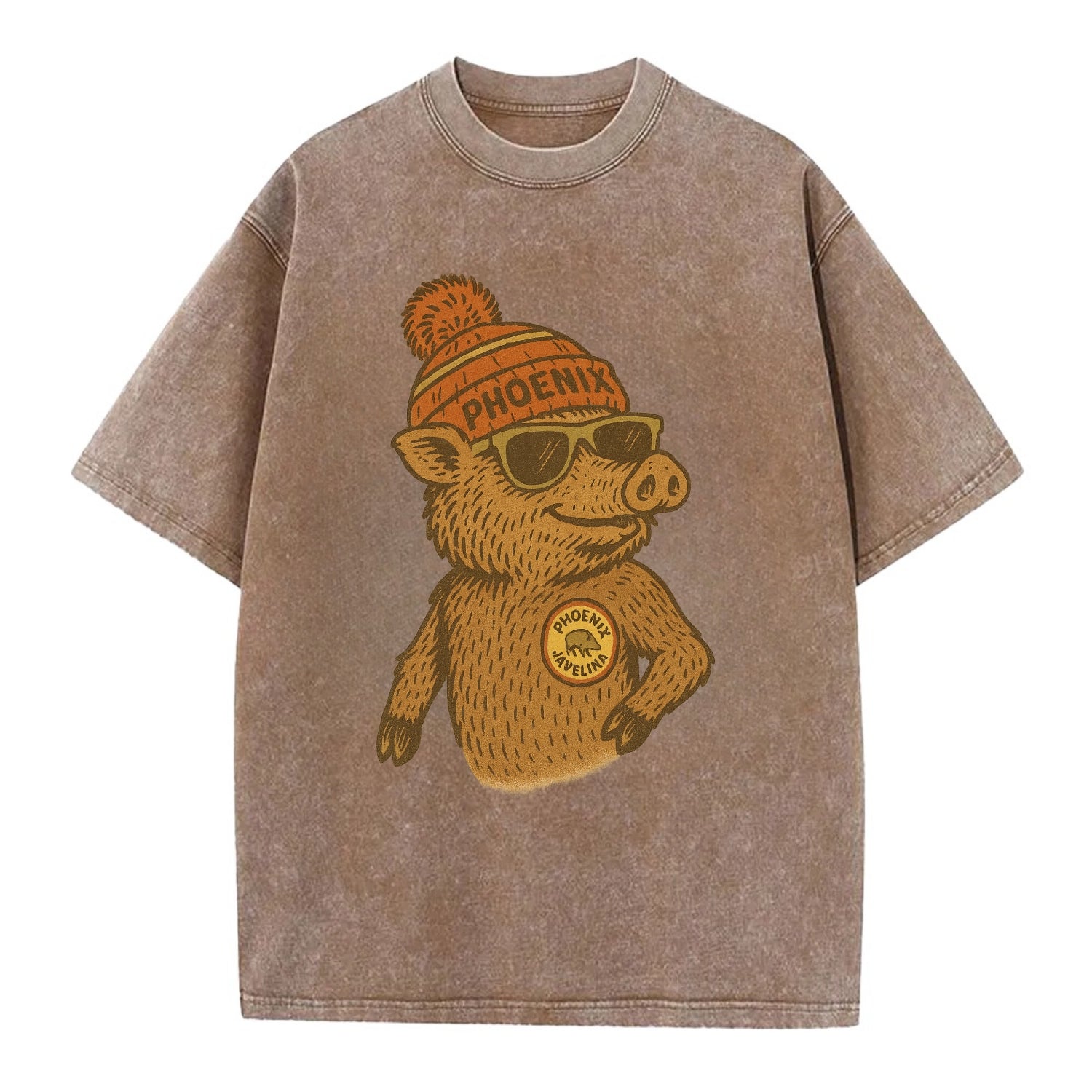 Phoenix Javelina wearing Phoenix beanie with pom pom and wayfarer sunglasses - Vintage T-shirt - Brown