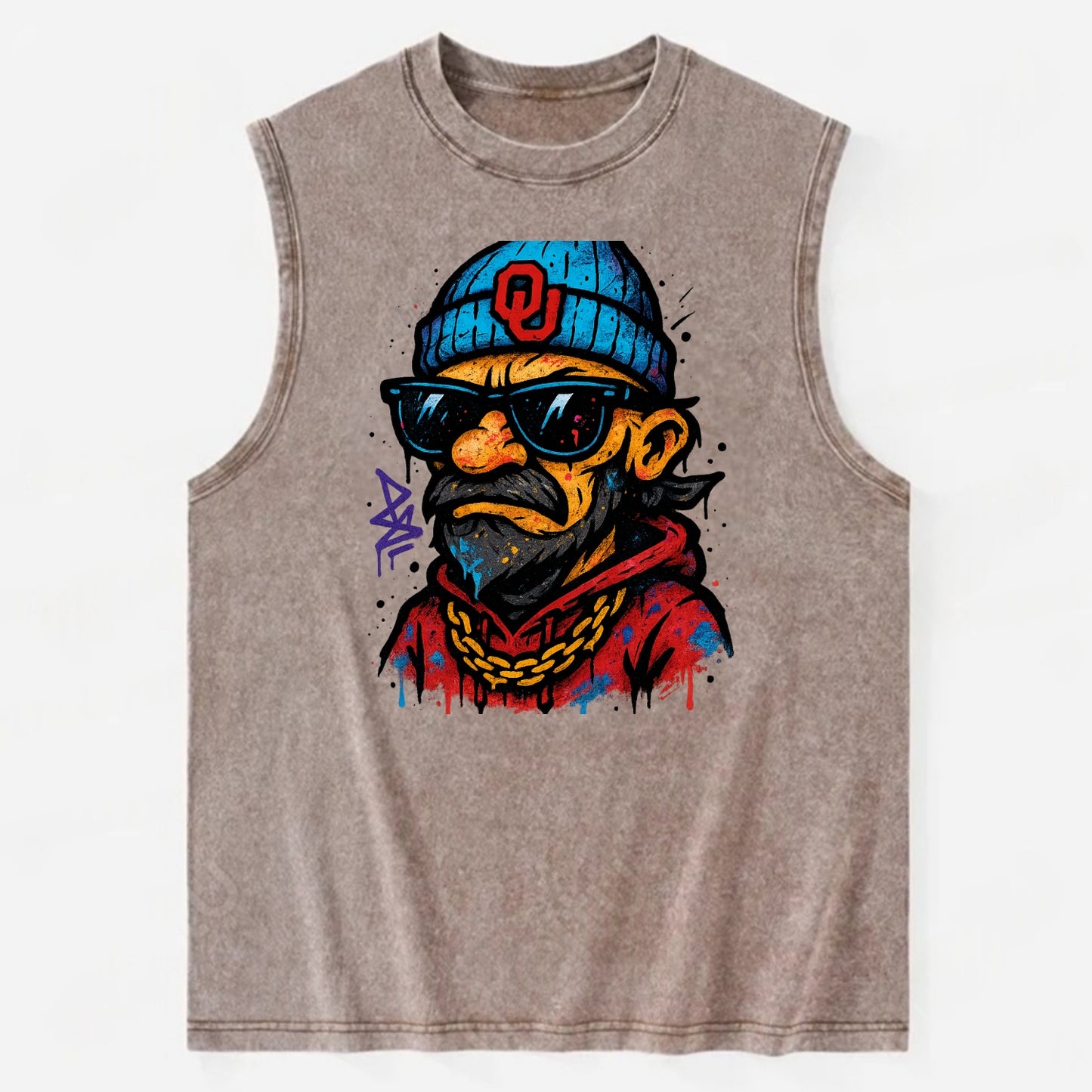 Norman Sooner wearing Oklahoma beanie with OU patch - Vintage Washed Tank - Brown