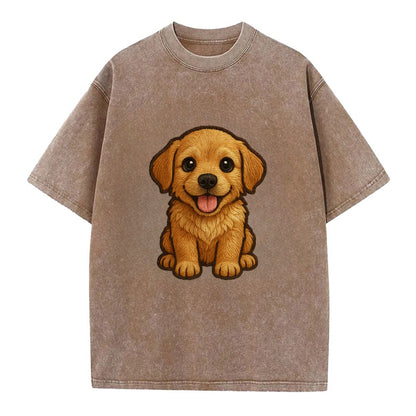 Baby Golden Retriever Puppy - fluffy golden fur, big brown eyes, pink tongue, - Vintage T-shirt - Brown